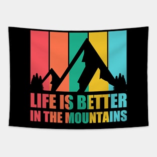 LIFE IS BETTER IN THE MOUNTAINS Retro Vintage Striped Colorfull Tropical Holiday Sunset Mountain Hike Tapestry