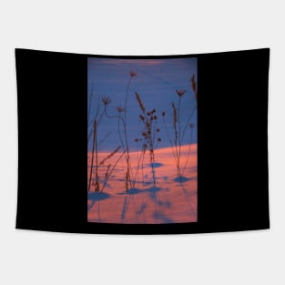 silhouettes of dry grass at sunset in a snowy field Tapestry