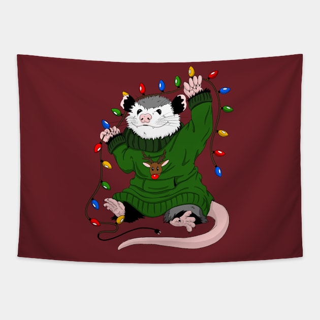 Opossum in Christmas sweater, assorting light bulbs Tapestry by The Christmas Lady