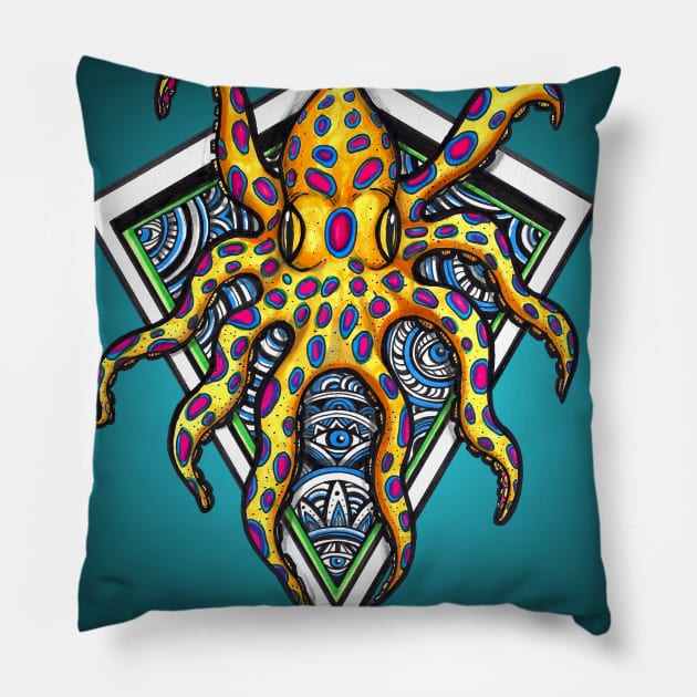 Trippy Blue Ringed Octopus Pillow by asiancoffeegirl