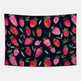 Watercolor strawberries pattern - dark blue pattern Tapestry