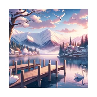 Tranquil Lakeside Dawn Anime Landscape T-Shirt