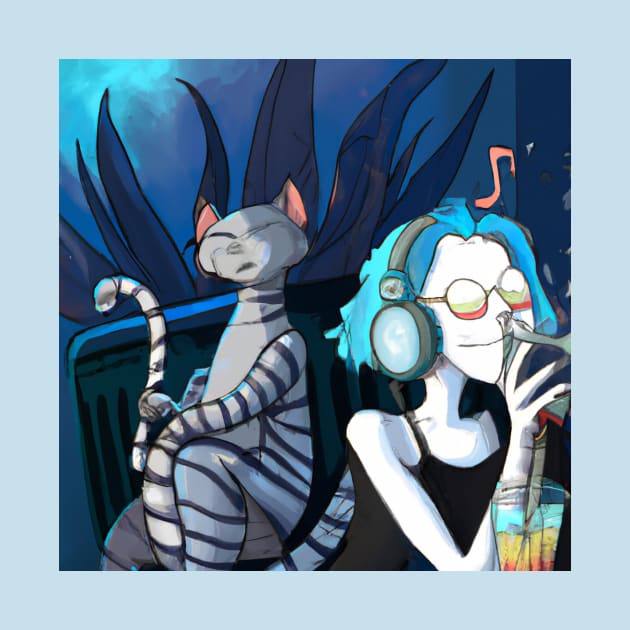 Blue Haired Girl Enjoys Music and Drink with Suspicious Cat by Star Scrunch