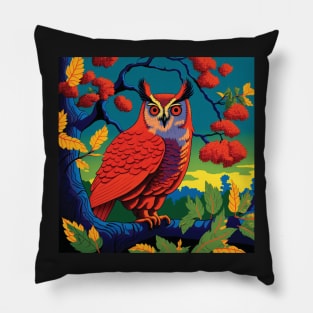 Red Owl In Japanese Printing Style Pillow