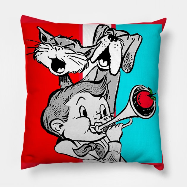 Dogs singing and boy playing the bugle Pillow by Marccelus