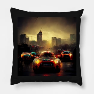 Lighting racing cars in a beautiful city Pillow