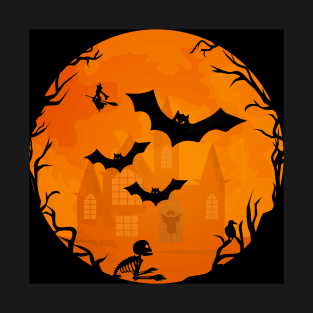 Orange and Black Spooky Halloween Bats Scene Cheeky Witch® T-Shirt