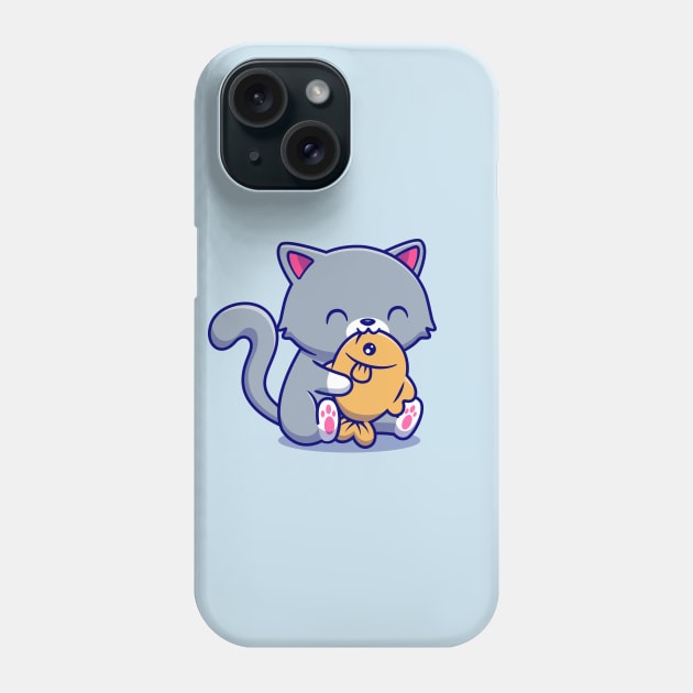 Cute Cat Eating Fish Phone Case by Catalyst Labs