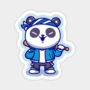 Cute Panda Boy With Baseball Bat Cartoon Magnet