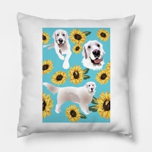 English Cream Golden Retriever Dog and Sunflowers Pillow