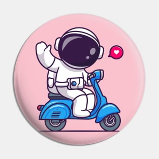 Cute Astronaut Waving Hand On Scooter Cartoon Pin