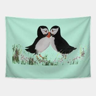 Cute kissing Puffins Tapestry