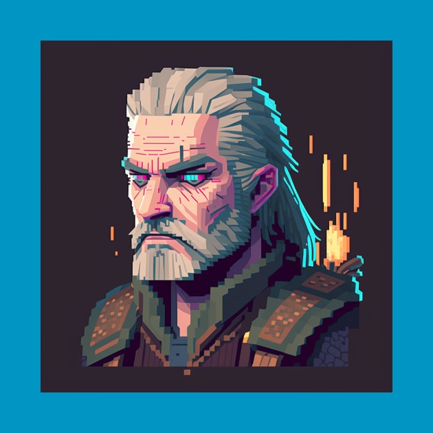 Pixel art illustration of the concentrated Witcher Geralt by KOTYA