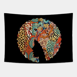 Afro Hair Woman with Animal African Pattern, Black History Tapestry