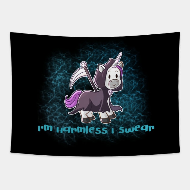 Grim Reaper Unicorn "I'm Harmless, I Swear" Tapestry by Wanderer Bat