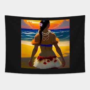 Hula Girl Hawaiian Luau Impressionist Painting Hawaii Sunset Pearls Tapestry