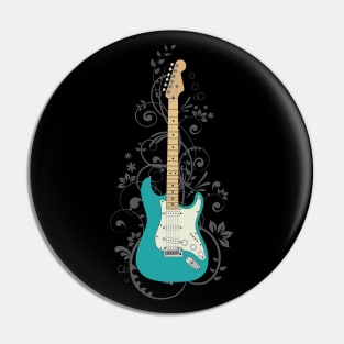 Teal S-Style Electric Guitar Flowering Vines Pin