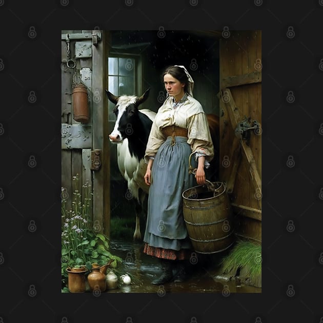 Vintage Oil Painting of Farm Girl and Cow by Walter WhatsHisFace