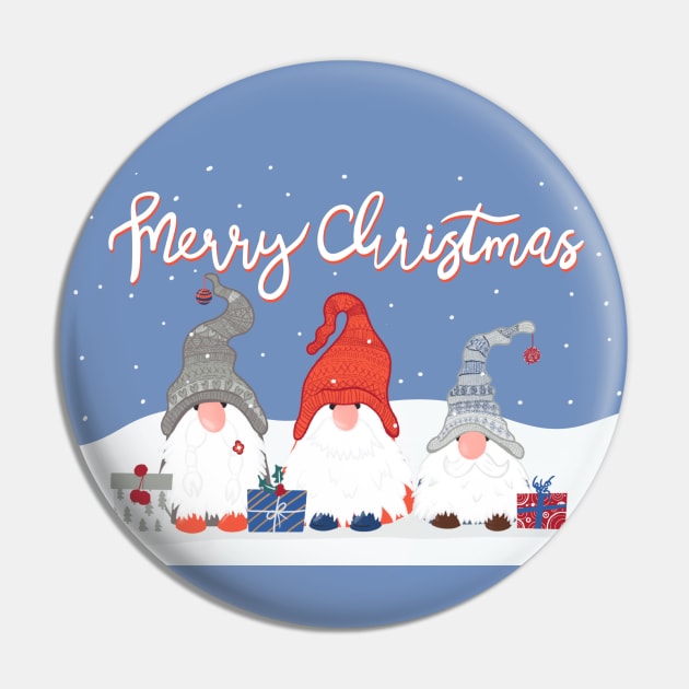 Three Merry Christmas Gnomes with Snowflakes and Presents on Pale Blue Pin by NattyDesigns