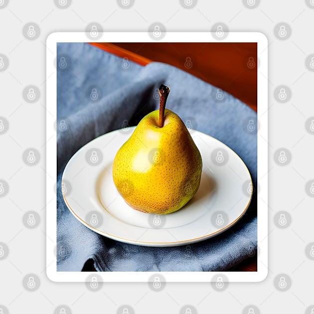 Ripe fruit pear on white dinnerware plate Magnet by Marccelus