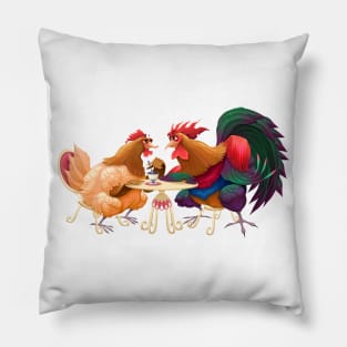 Hen and rooster in a cafe Pillow