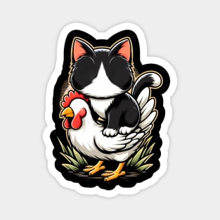 Riding Tuxedo Cat On A Chicken Magnet