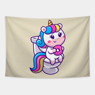 Cute Unicorn Eating Donut In Toilet Cartoon Tapestry