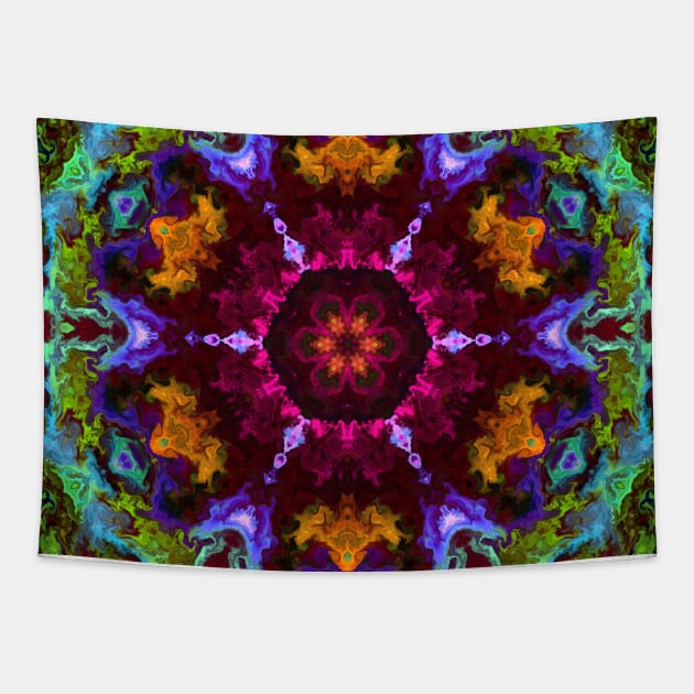 Psychedelic Kaleidoscope Flower Green Purple and Orange Tapestry by WormholeOrbital