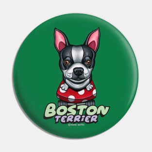 Cute adorable awesome Boston Terrier on Red Polka Dot Skateboard Pin