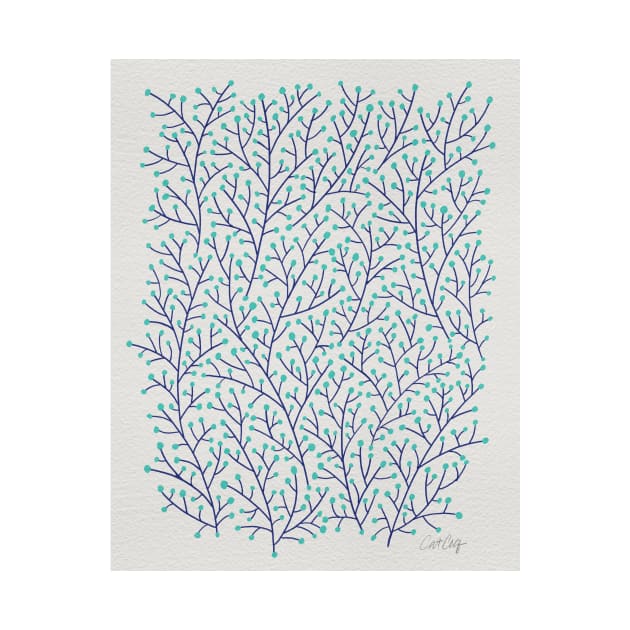 Berry Branches - White Navy Turquoise by CatCoq