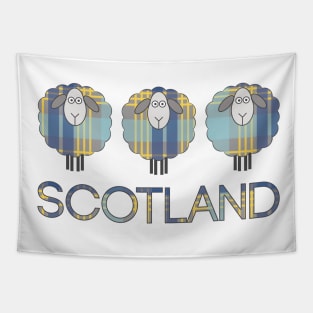 Trio of Scottish Blue and Yellow Tartan Patterned Sheep Tapestry