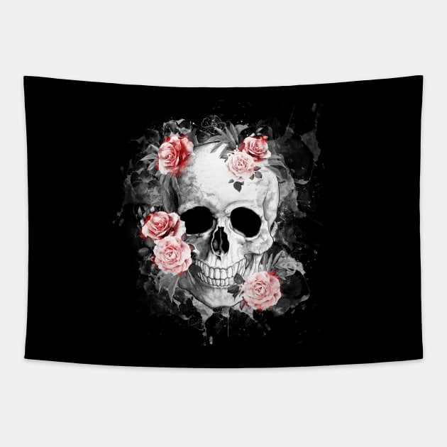 Tribe skull art design with roses Tapestry by Collagedream
