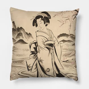 Traditional Japanese Vintage Art with Geisha Pillow