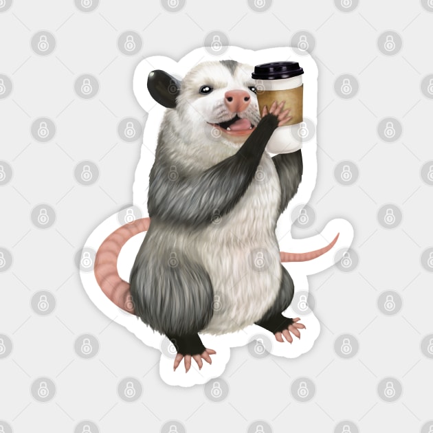 Opossum drinking a cup of coffee Magnet by Mehu Art