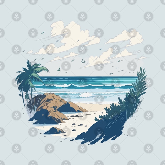 Tropical beach with palm trees and rocks. by webbygfx