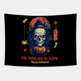 Eat Drink & Be Scary Cool Halloween Skeleton Graphic Design Tapestry