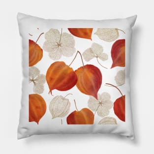 Colorful autumn Physalis flowers buds. Cape gooseberry flowers and leaves structure. Golden berry watercolor illustration. Pillow