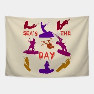 Kitesurfer Silhouette Pattern With Seas The Day Quote Tapestry