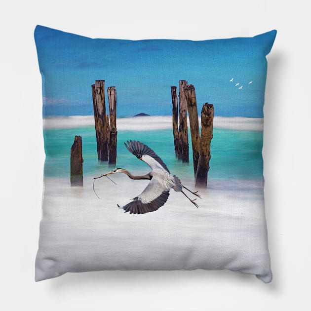 Low Flying Heron Pillow by lauradyoung