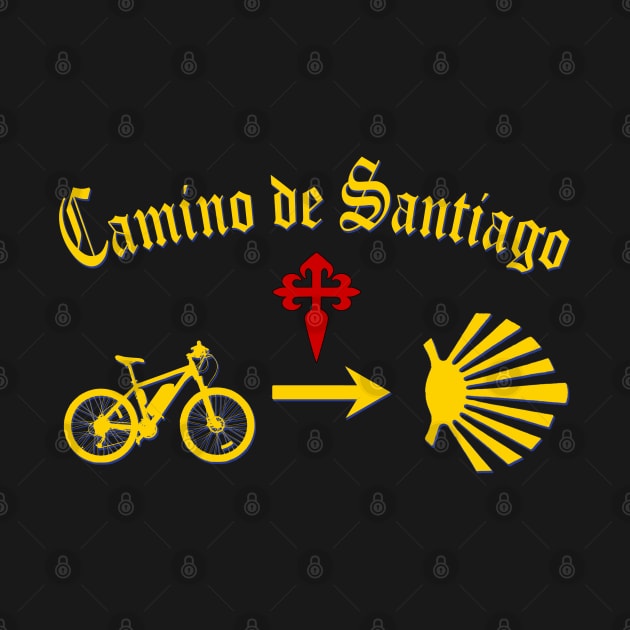 Camino de Santiago Typography Bicycle Yellow Arrow Scallop Shell Red Cross by Brasilia Catholic