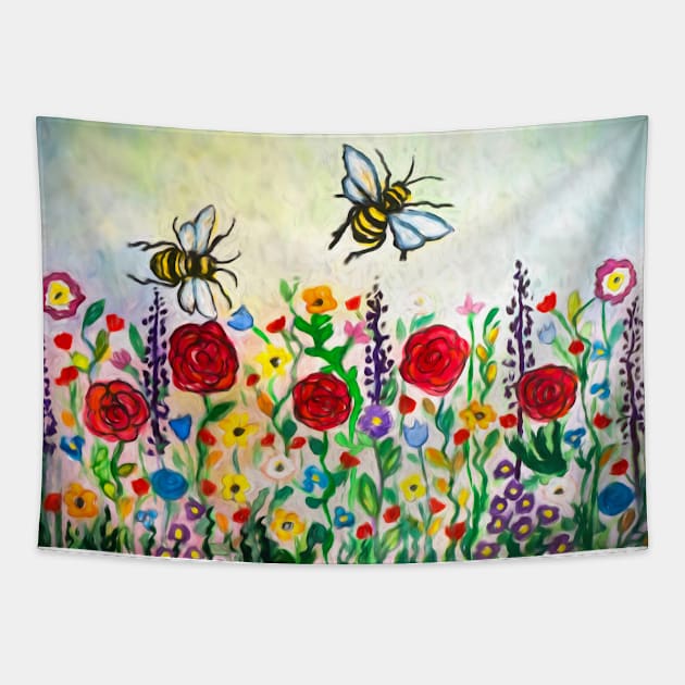 Summer meadow flowers and bees watercolor Tapestry by redwitchart