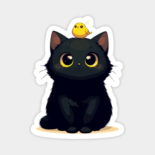 Cute Black Cat And Yellow Bird Magnet