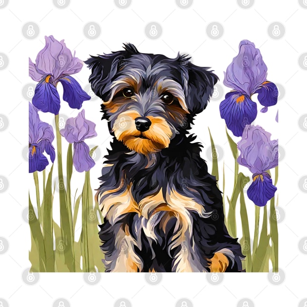 Yorkipoo Amongst Blue Irises by Doodle and Things