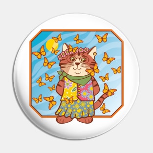 Boho Hippie Cat with Butterflies Pin