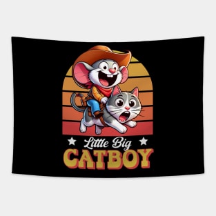 Cartoon Cowboy Mouse Riding on Cat - Little Big Catboy Tapestry