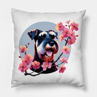 Joyful Giant Schnauzer Amidst Spring Cherry Blossoms Pillow