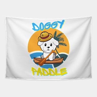 Cute furry Dog is paddling on a boat Tapestry