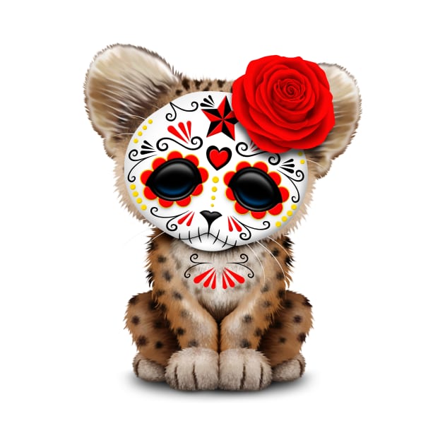 Red Day of the Dead Sugar Skull Leopard Cub by jeffbartels