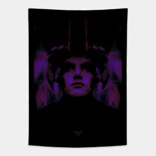 Portrait, digital collage, special processing. Dark, strong. Guy face looking up high. Fantasy. Violet and blue, sci-fi. Tapestry