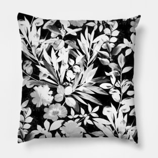 Textured Silver Grey and White Leaves on Black Pillow